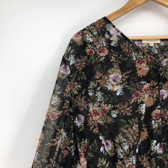 Pleione  Black Floral Peasant Tunic sheer balloon sleeve blouse LG - Picture 7 of 16